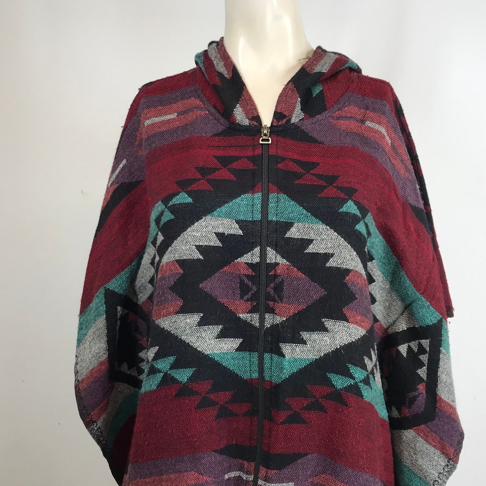 Women's Hooded Zip Poncho - Burgundy Aztec - Picture 2 of 8
